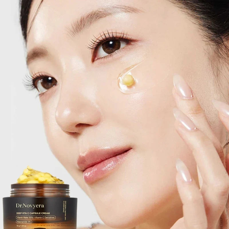 Dr.Novvera vitamin C capsule cream jar with yellow capsules; model applies translucent gel on cheek on Tampa Home & Garden Store