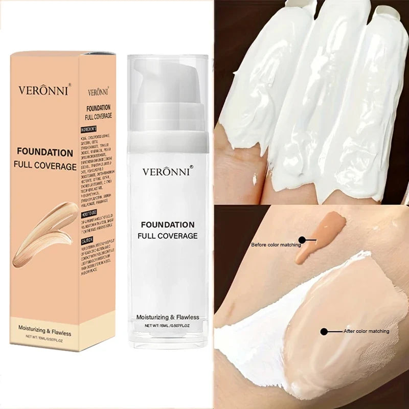 White liquid foundation bottle with beige Veronni box and color-match swatches on Tampa Home & Garden Store