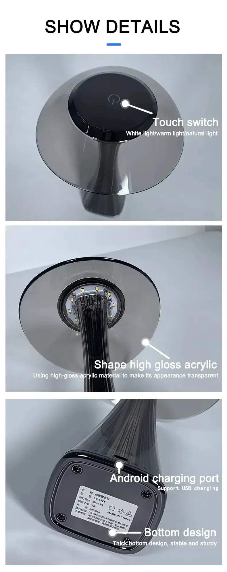 Touch Dimmable Table Lamp USB Rechargeable Moktan Sabai, black high-gloss acrylic on Tampa Home & Garden Store