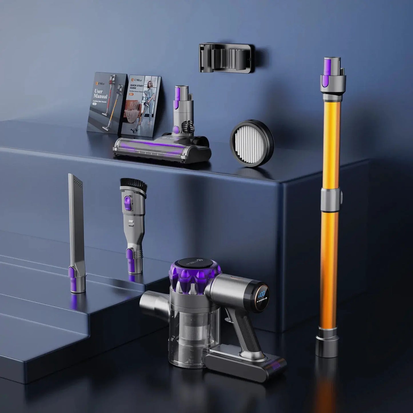 Cordless Upright Vacuum Moktan Sabai with purple accents and expandable accessory set on Tampa Home & Garden Store