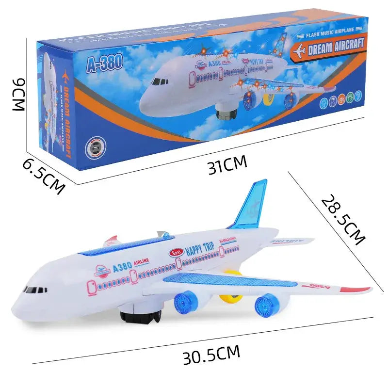Electronic Airplane Toy With Music and Lights Moktan Sabai blue and white plane packaging on Tampa Home & Garden Store