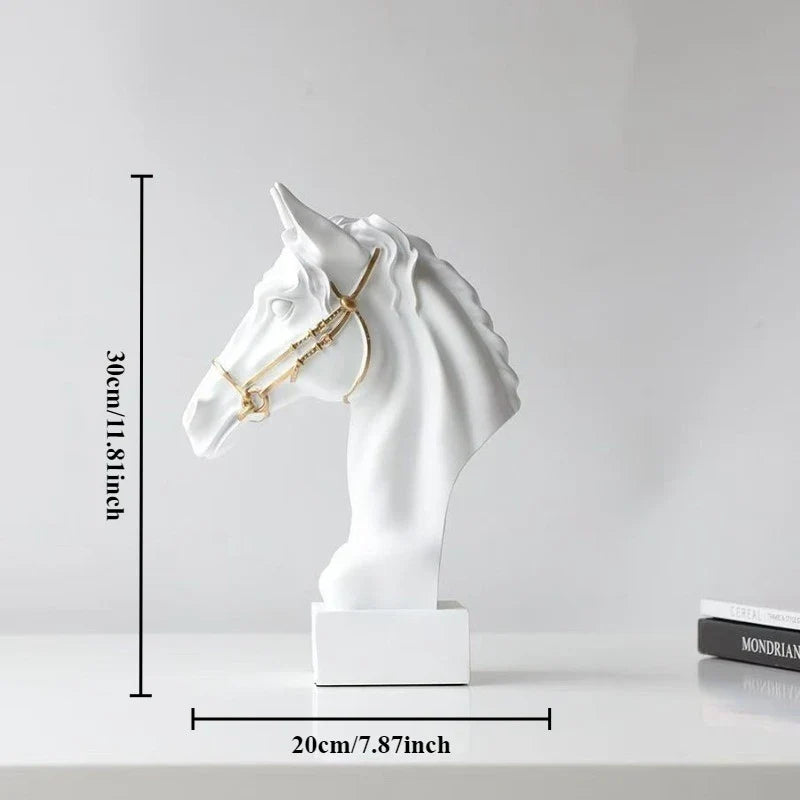 Perfecsy white horse head resin sculpture, modern abstract desk decor with bridle detail on Tampa Home & Garden Store