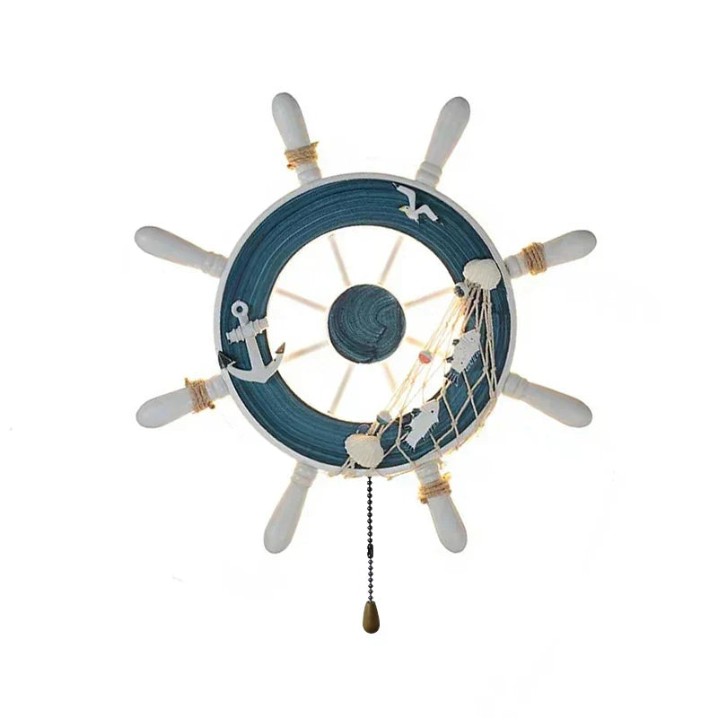 DecorBites Kids LED ship rudder wall light, nautical steering wheel with blue ring, pull-chain on Tampa Home & Garden Store