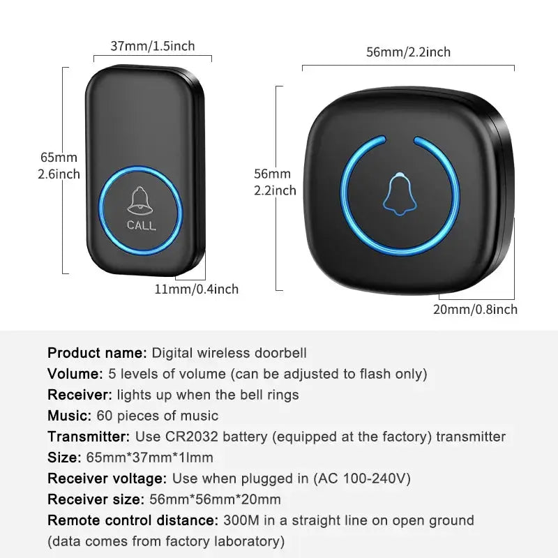 Wireless doorbell Moktan Sabai: black 2-unit, blue ring, 300m range, 60 melodies on Tampa Home & Garden Store
