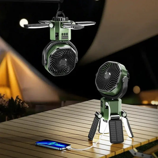 Rechargeable camping fan Moktan Sabai, green 6000mAh battery, LED light, dual fans on stand on Tampa Home & Garden Store