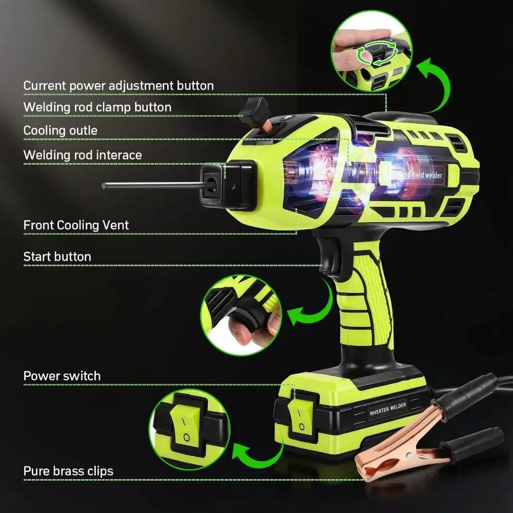 110V handheld portable ARC welder in neon yellow casing, design with copper welding clamps on Tampa Home & Garden Store