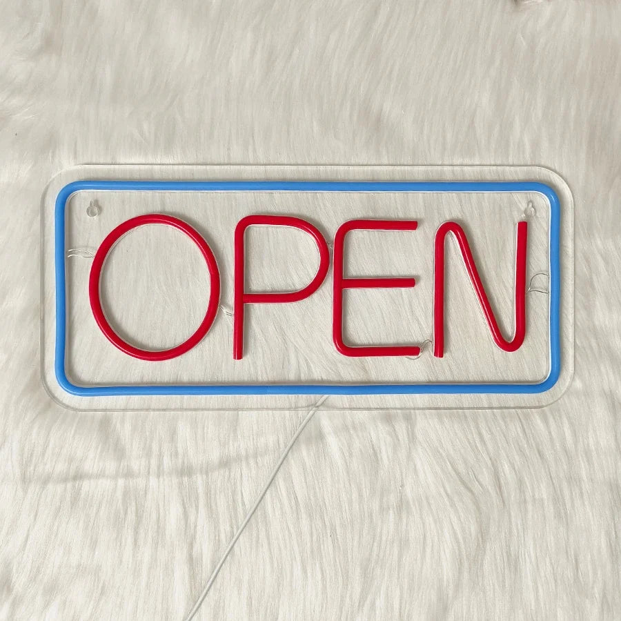 Perfecsy Open neon sign, red letters with blue border, USB powered decor on Tampa Home & Garden Store