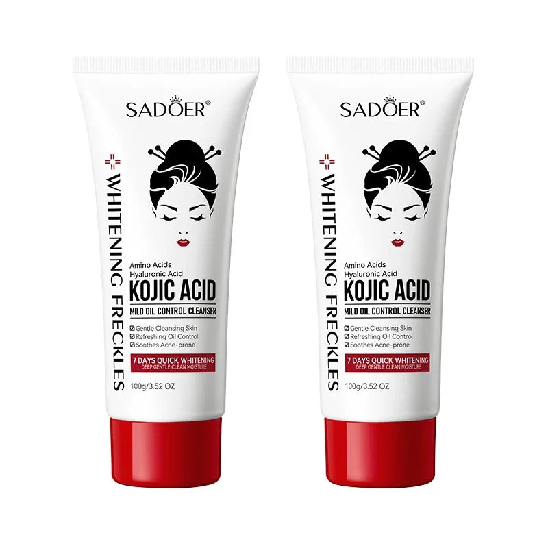 Two SADOER Kojic Acid facial cleanser tubes, white tubes with red caps, bold Silcy Skin on Tampa Home & Garden Store