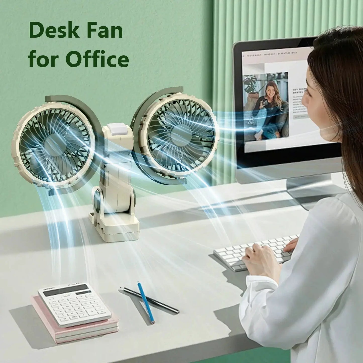 Cool Breeze dual-head desk fan with rechargeable battery on office desk on Tampa Home & Garden Store