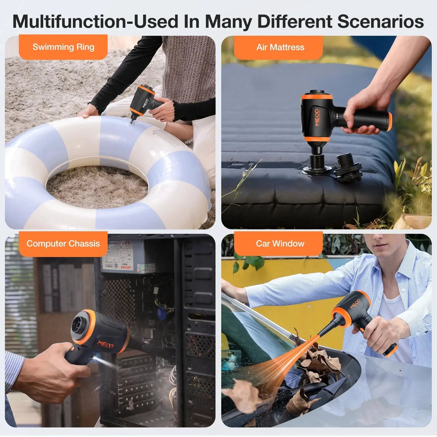 MECO 4-in-1 Air Duster cleaner black/orange shown cleaning inflatable ring and PC chassis on Tampa Home & Garden Store