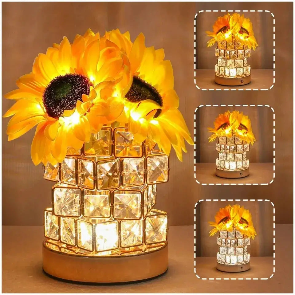 Sunflower LED Table Lamp with gold-tone crystal cube base, rechargeable 3-color dimmable glow on Tampa Home & Garden Store