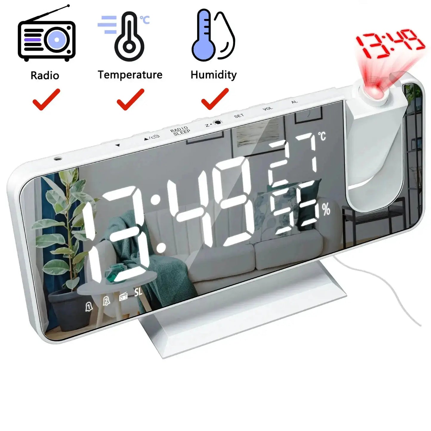 Projection Alarm Clock with Auto Dimming LED, white Moktan Sabai, large time projection on Tampa Home & Garden Store
