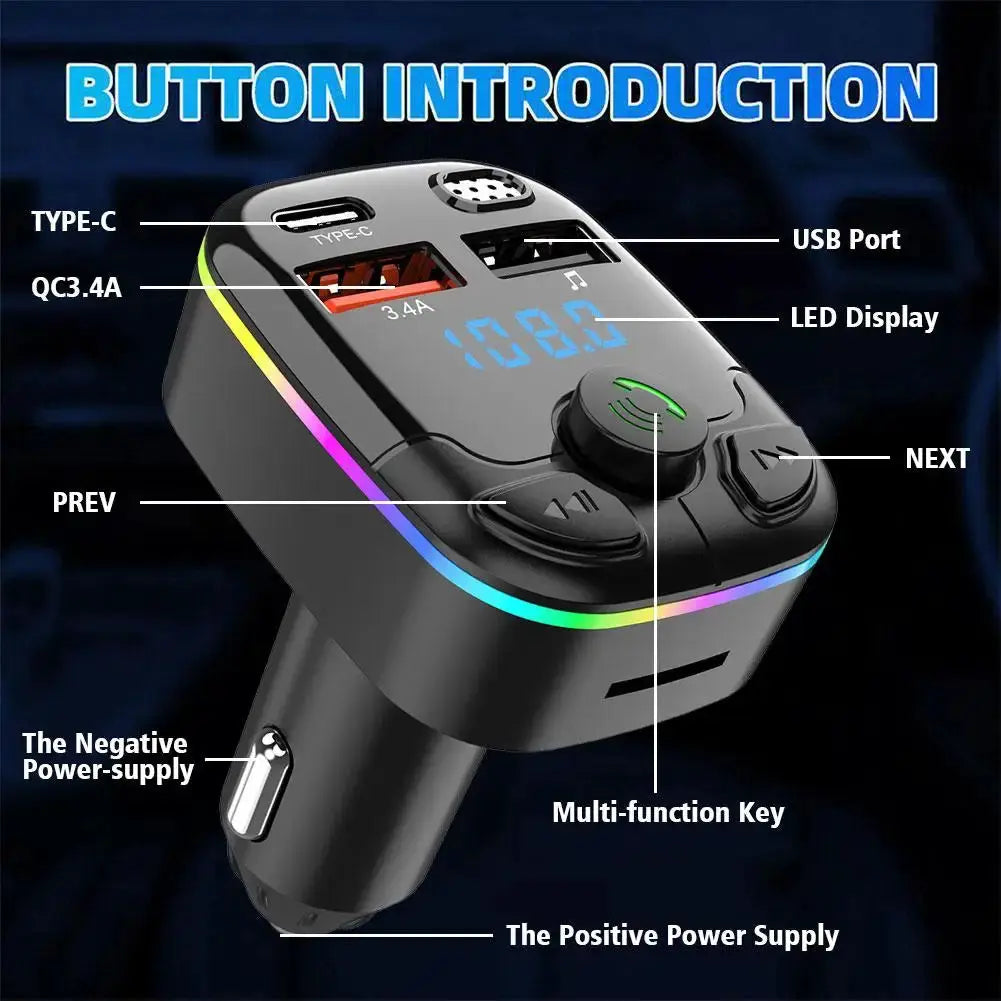 Bluetooth 5.0 FM transmitter car charger with LED display and USB-C port on Tampa Home & Garden Store