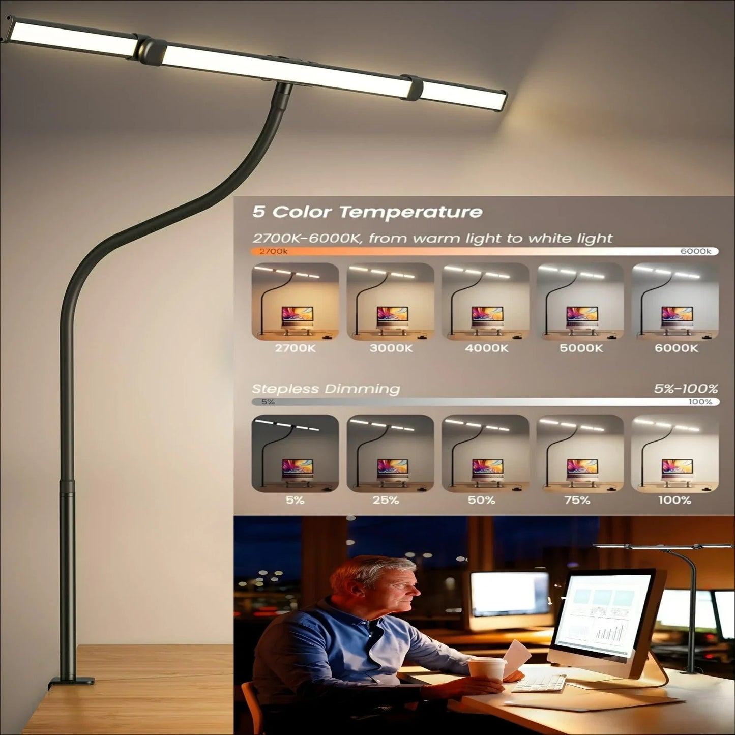 Perfecsy LED Desk Lamp with Clamp, curved gooseneck, 24W slim light bar, 2700–6000K on Tampa Home & Garden Store