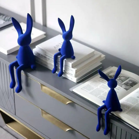 Blue resin flocked rabbit statues set of 3 handmade bunny figurines for decor by Perfecsy on Tampa Home & Garden Store