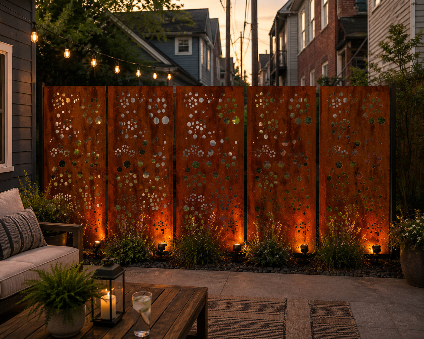 Outdoor privacy wall panels Rustica Ornamentals in rust with circular cutouts, 6-panel set on Tampa Home & Garden Store