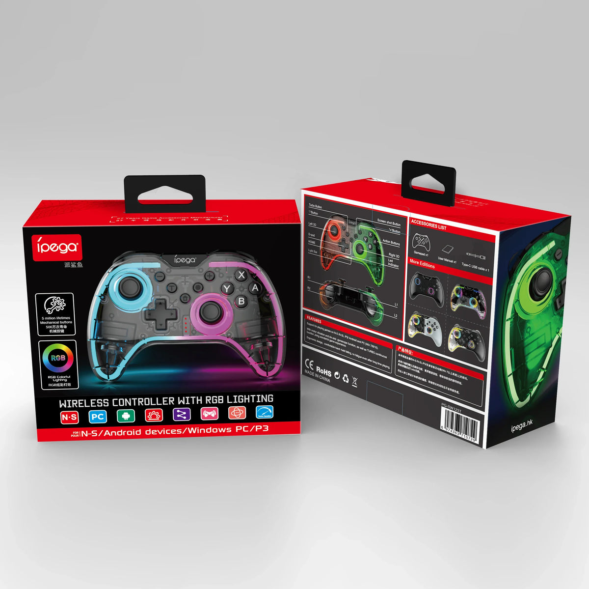 Wireless game controller SW123 with RGB lighting and translucent blue shell ipega packaging on Tampa Home & Garden Store