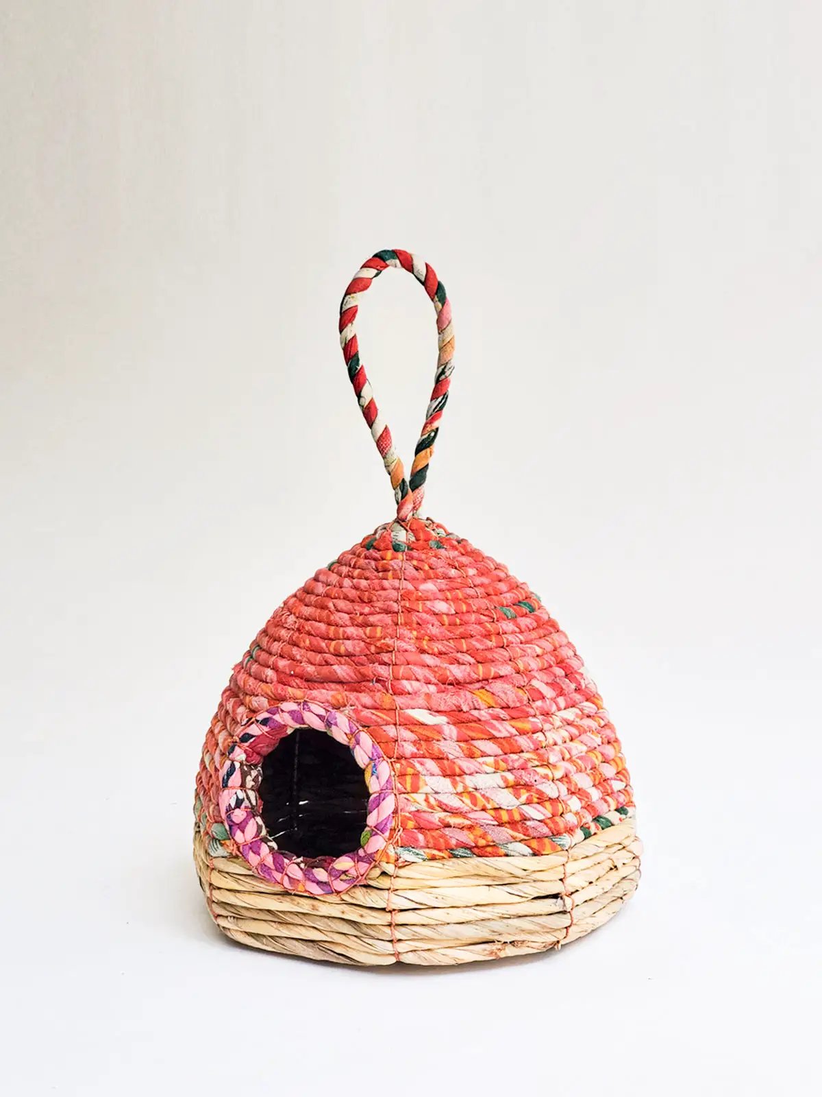 Seagrass and sari birdhouse by KORISSA, pink multicolor woven with loop handle on Tampa Home & Garden Store