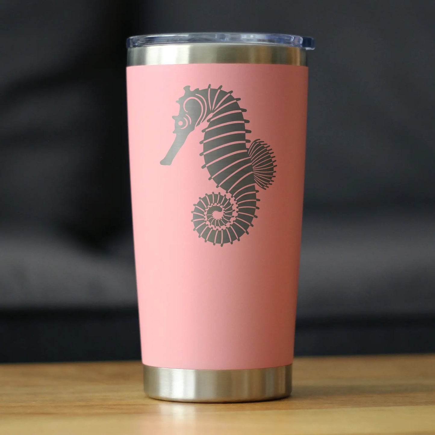 Seahorse 20 oz tumbler pink with seahorse graphic, clear lid on Tampa Home & Garden Store