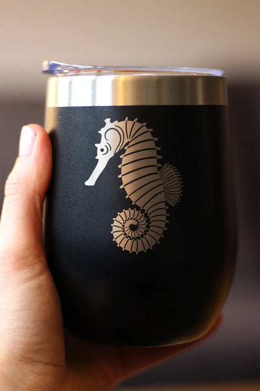 Seahorse Wine Tumbler bevvee black matte 12 oz with gold seahorse graphic and clear lid on Tampa Home & Garden Store