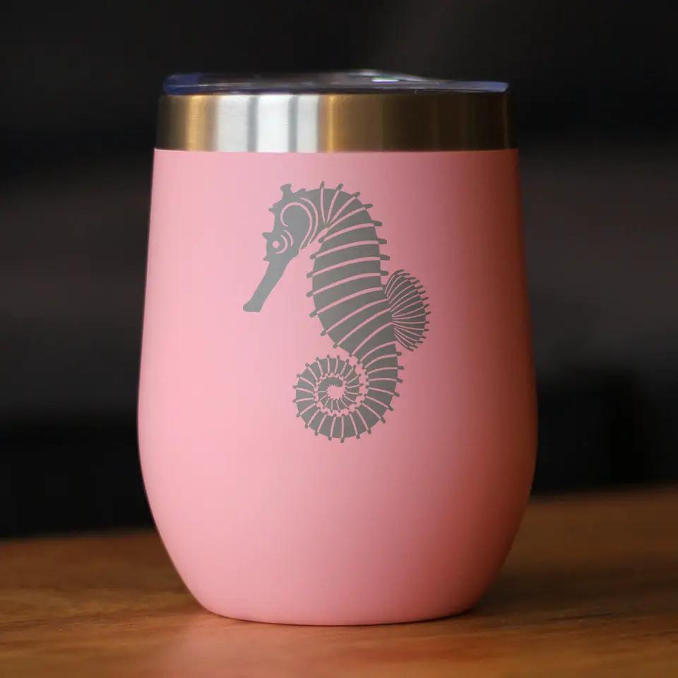 Seahorse wine tumbler, pink 12 oz Bevvee with silver lid and gray seahorse graphic on Tampa Home & Garden Store