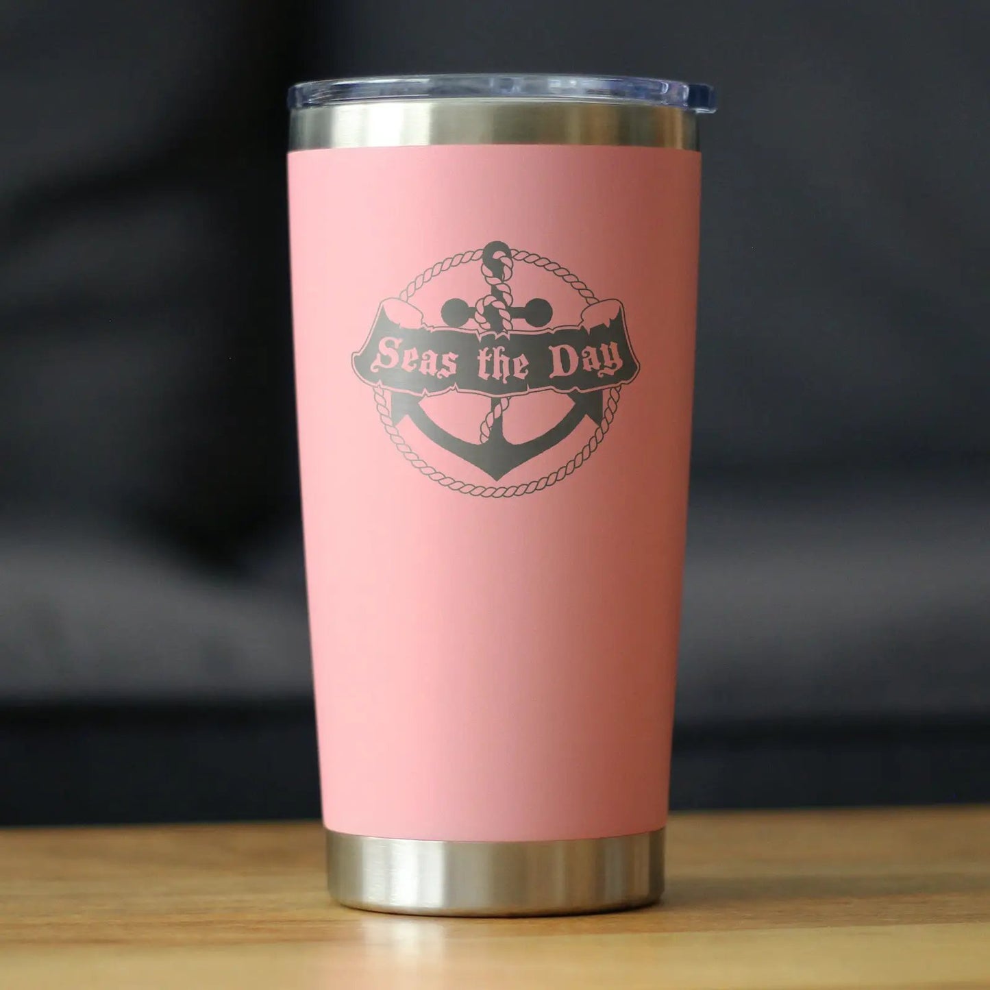Seas the Day 20 oz pink coffee tumbler with slide lid, BevVee brand with anchor logo on Tampa Home & Garden Store