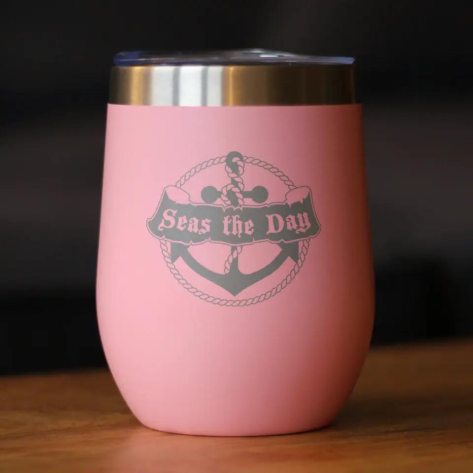Wine tumbler 12oz pink bevvee with anchor logo, vacuum insulated, stemless on Tampa Home & Garden Store