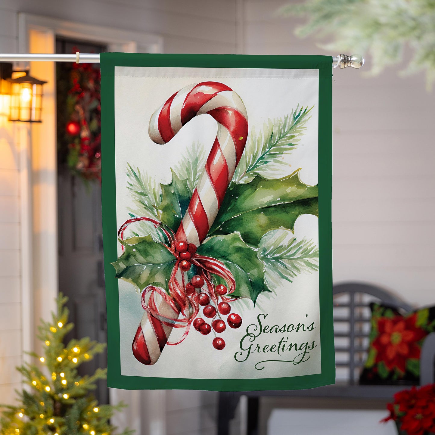 Season's Greetings Candy Cane Burlap House Flag - Tampa Home & Garden Store