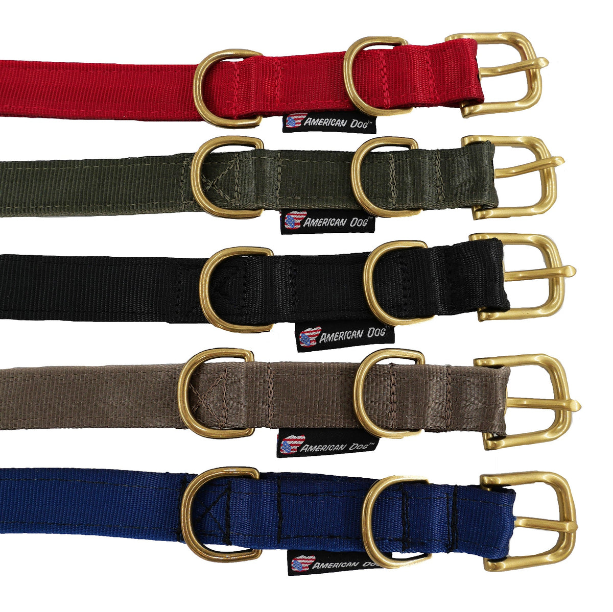Seatbelt dog collars set in red, olive, black, brown, blue with brass buckles American Dog on Tampa Home & Garden Store