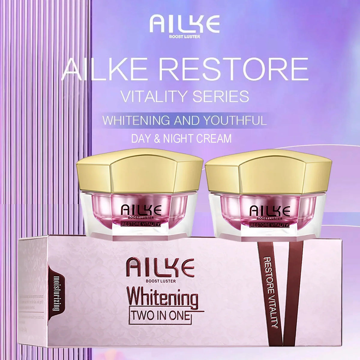 Two AIKE whitening day and night cream jars with gold caps on a pink gift box on Tampa Home & Garden Store