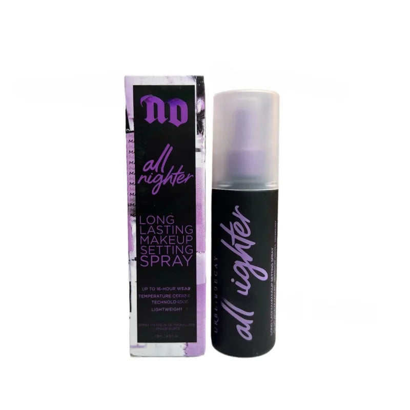 Urban Decay All Nighter makeup setting spray bottle and box, black bottle with purple logo on Tampa Home & Garden Store