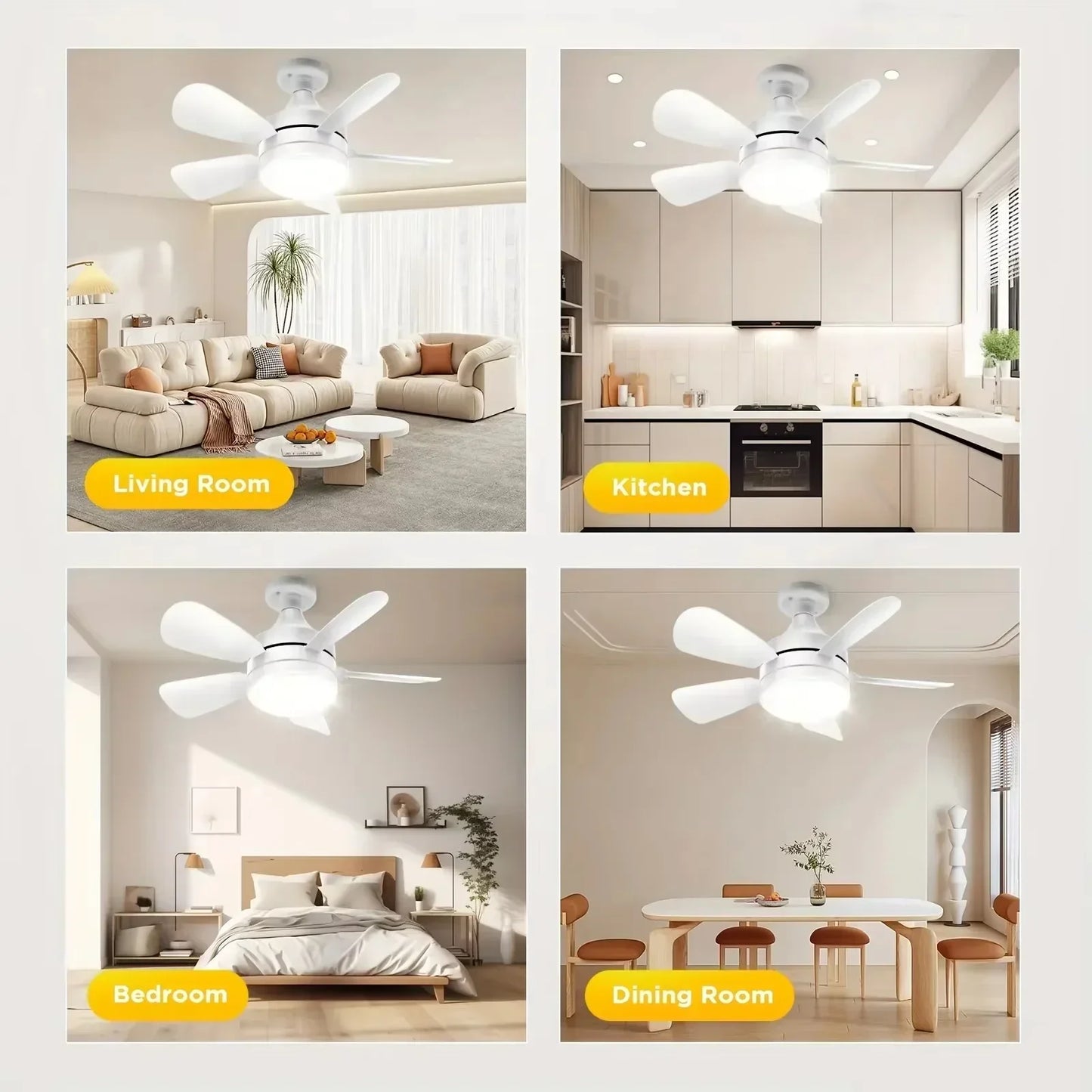 Ceiling Fan with Remote and Dimmable Lighting, white Moktan Sabai, shown in living room scenes on Tampa Home & Garden Store