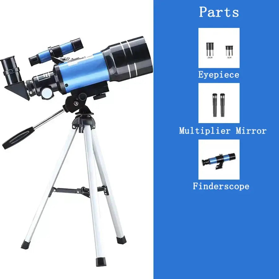 150X Night Vision Refractor Telescope by Moktan Sabai on a blue tripod for Moon viewing on Tampa Home & Garden Store