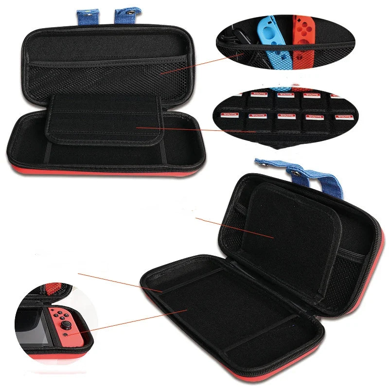 Nintendo Switch storage case with red exterior and blue zipper pulls padded for console and games on Tampa Home & Garden Store