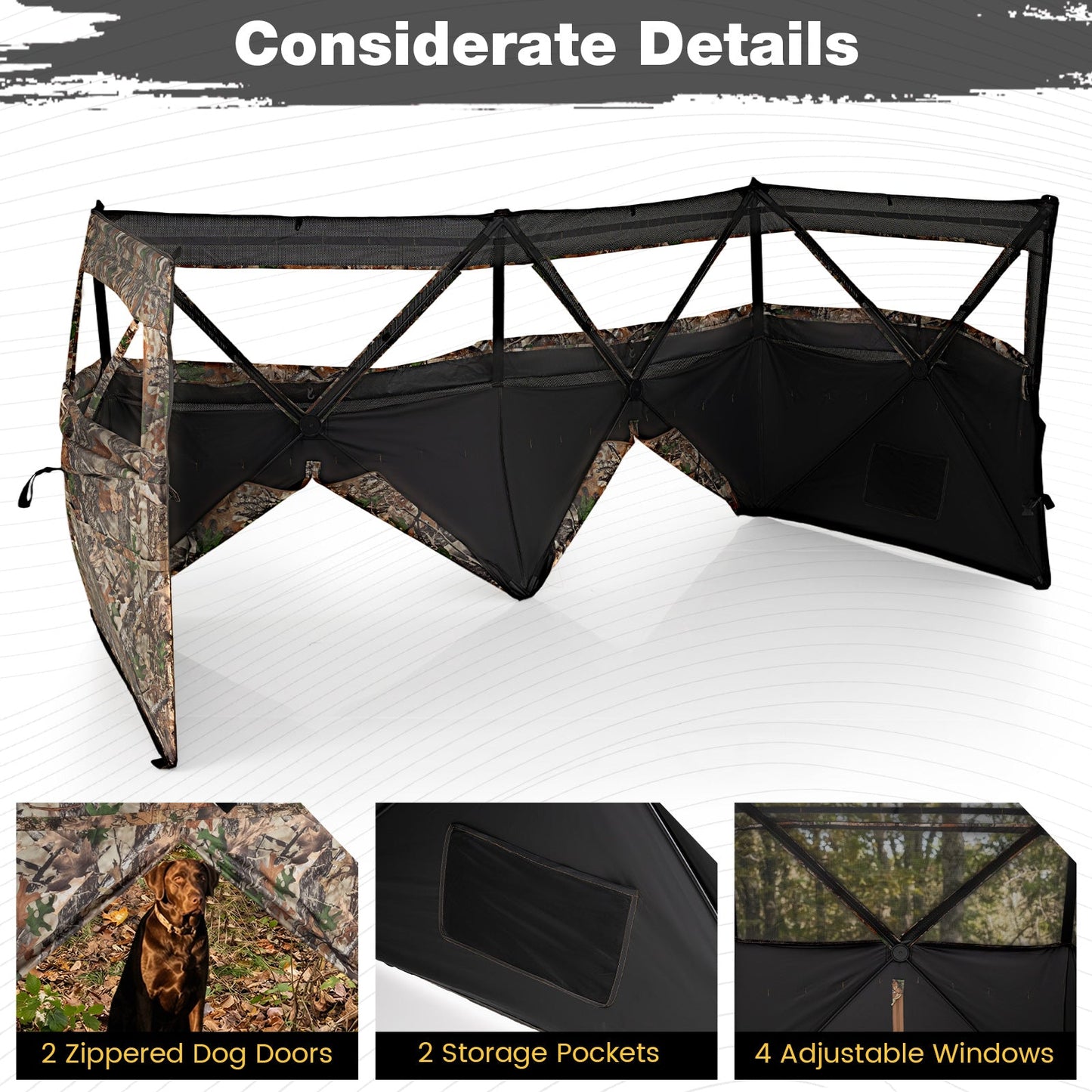 See-Through Hunting Blind Panel with Dog Door in camo fabric with mesh panels and cross-frame on Tampa Home & Garden Store