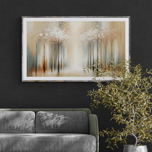 Canvas Print Serenity Bloom crafting canvas with soft beige ivory tones and delicate white blossoms framed in a distressed wood border on Tampa Home & Garden Store