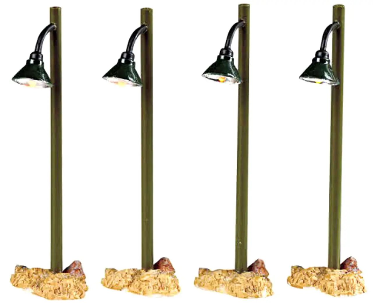 Set of 4 rustic street lamps with green posts and black lantern heads on rocky bases on Tampa Home & Garden Store