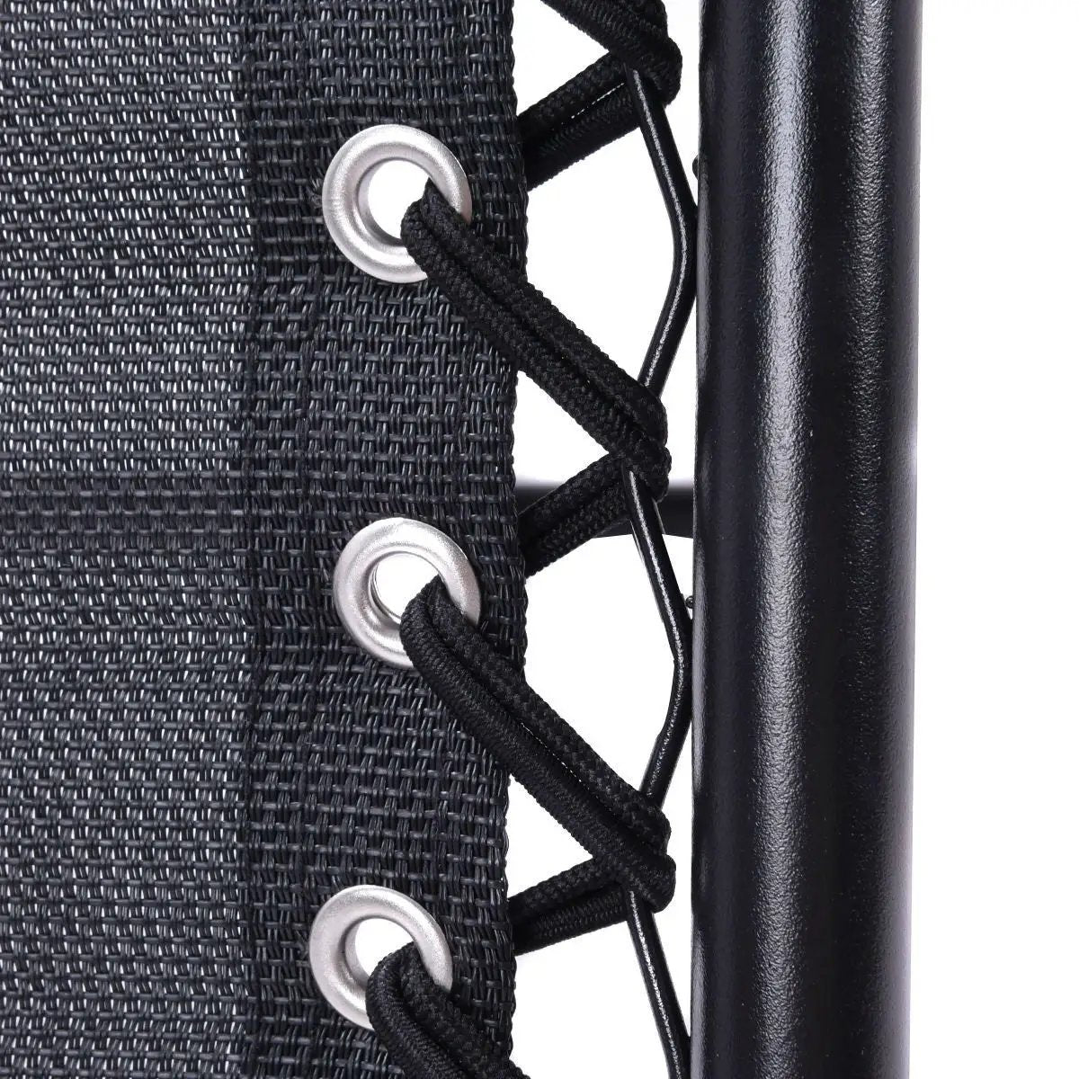 Set of 2 black folding zero gravity lounge chairs with woven fabric and metal grommets on Tampa Home & Garden Store