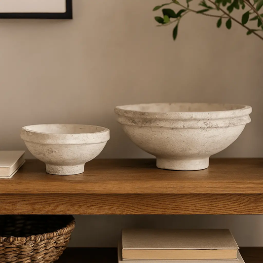 Set of 2 decorative paper mache bowls, small and large, aged white finish on wood shelf on Tampa Home & Garden Store
