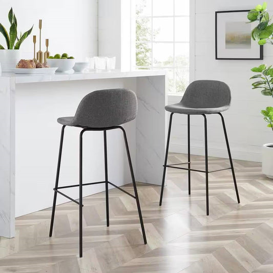 Set of 2 - Modern Low Back Barstool with Black Metal Frame and Grey Linen Seat - Tampa Home & Garden Store