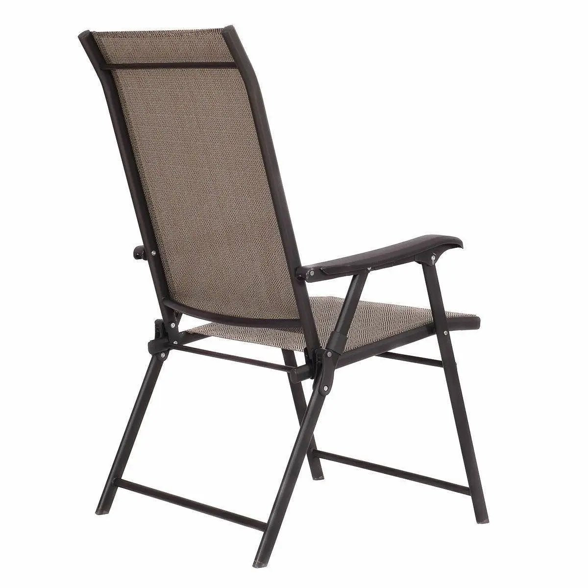 Outdoor folding patio chair brown with black metal frame and woven seat/back on Tampa Home & Garden Store
