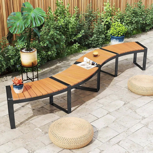 Set of 2 - Outdoor Metal Wood Backless Garden Bench with Modern Curved Design - Tampa Home & Garden Store
