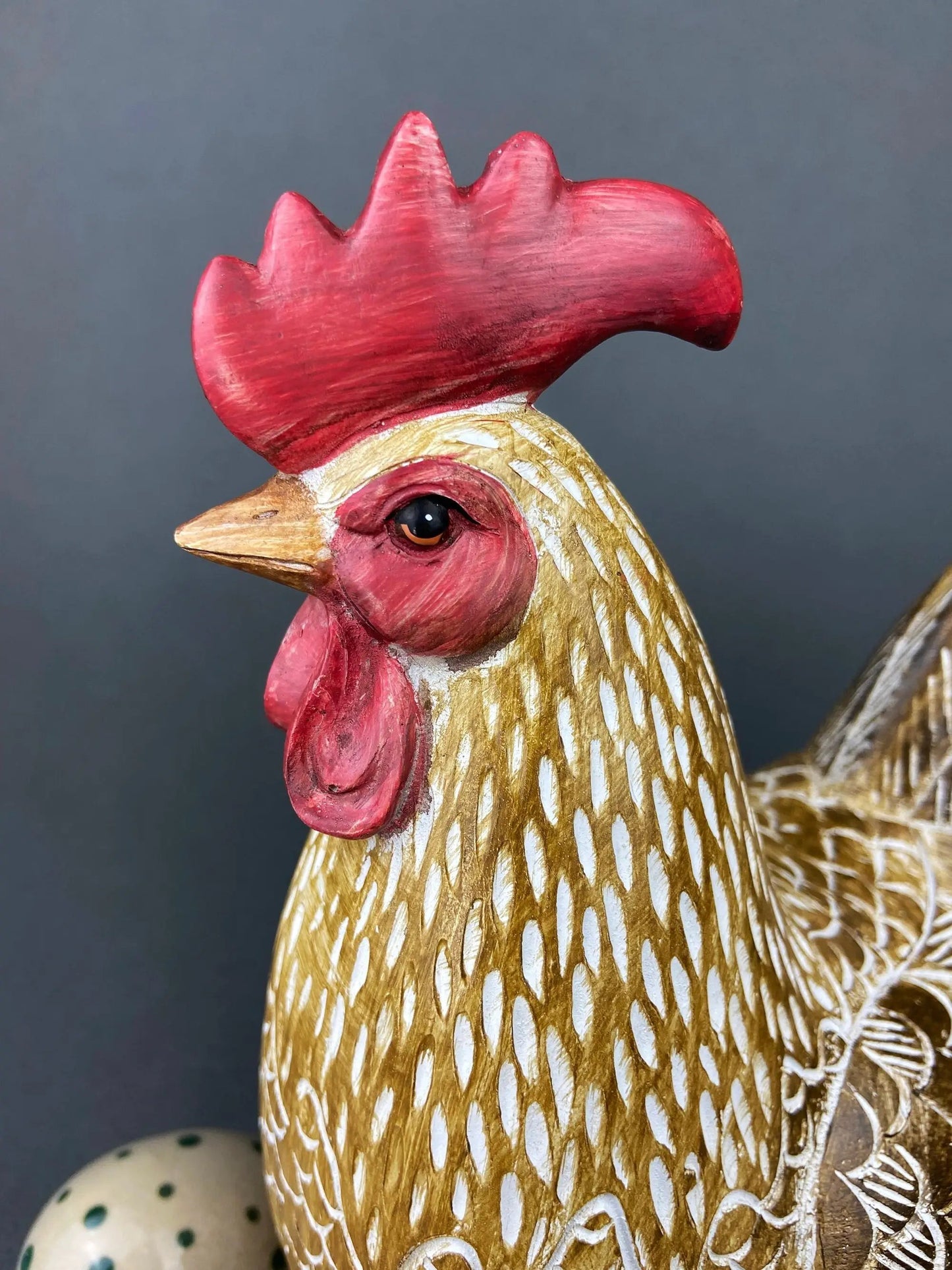 Rooster figurines set of 2; wooden hand-carved birds with red combs and gold feather detail on Tampa Home & Garden Store