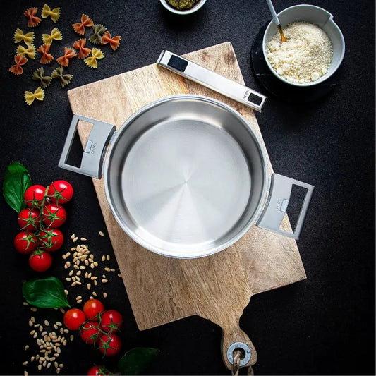 Set of 3 CRISTEL USA stainless steel saucepans with lids and rectangular side handles on Tampa Home & Garden Store