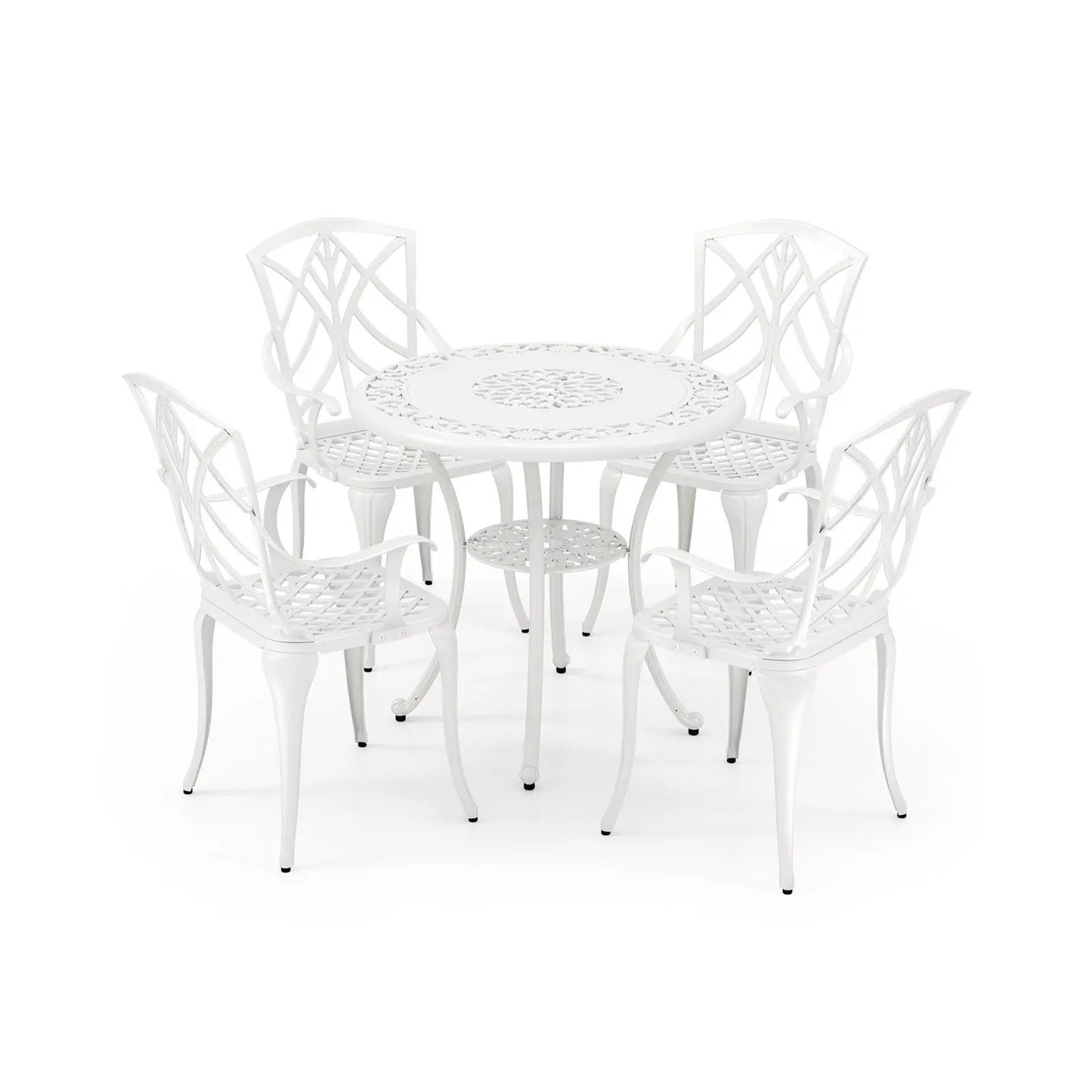 Set of 4 white cast aluminum patio chairs with armrests around a round lattice table on Tampa Home & Garden Store