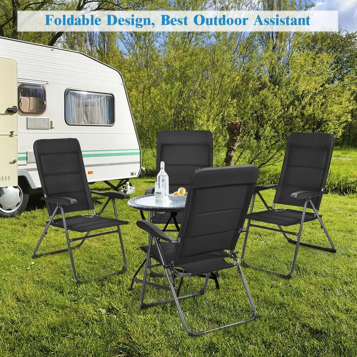DirectDeals 4pc black patio folding sling chairs with adjustable backrests on Tampa Home & Garden Store
