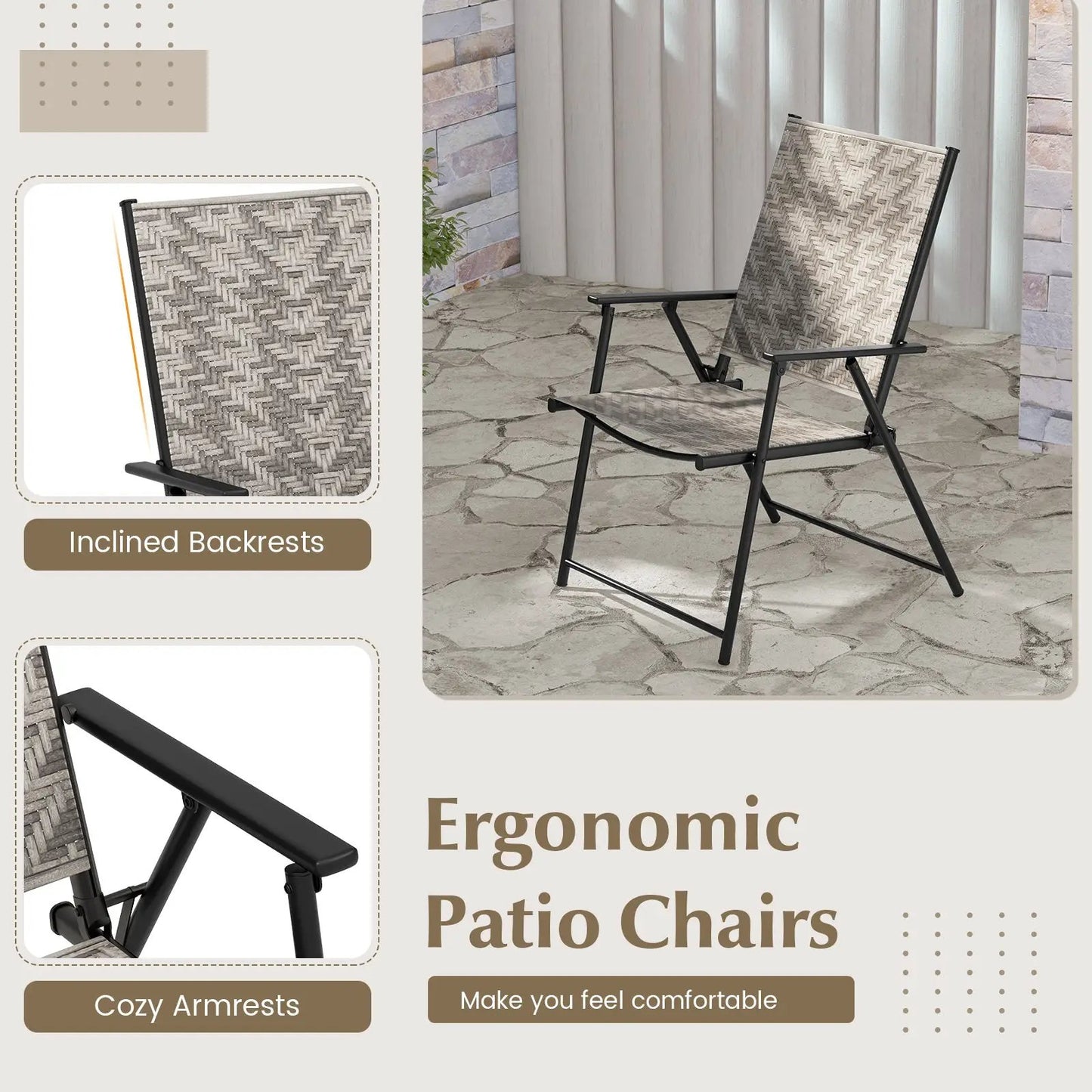 Set of 4 gray DirectDeals patio folding chairs with armrests, woven back and seat on Tampa Home & Garden Store