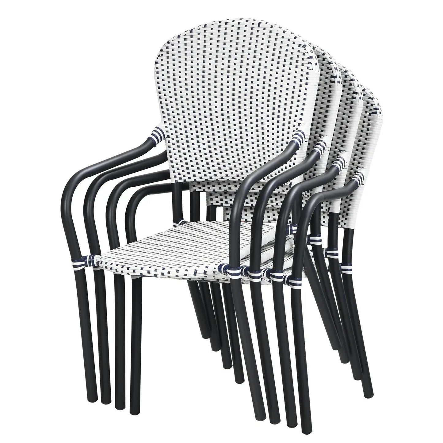 Set of 4 patio rattan stackable dining chairs with white and navy woven pattern, black frames on Tampa Home & Garden Store