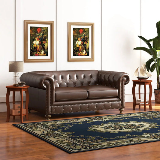Set of 2 round end tables 15in with storage shelf in walnut finish beside a tufted leather sofa on Tampa Home & Garden Store