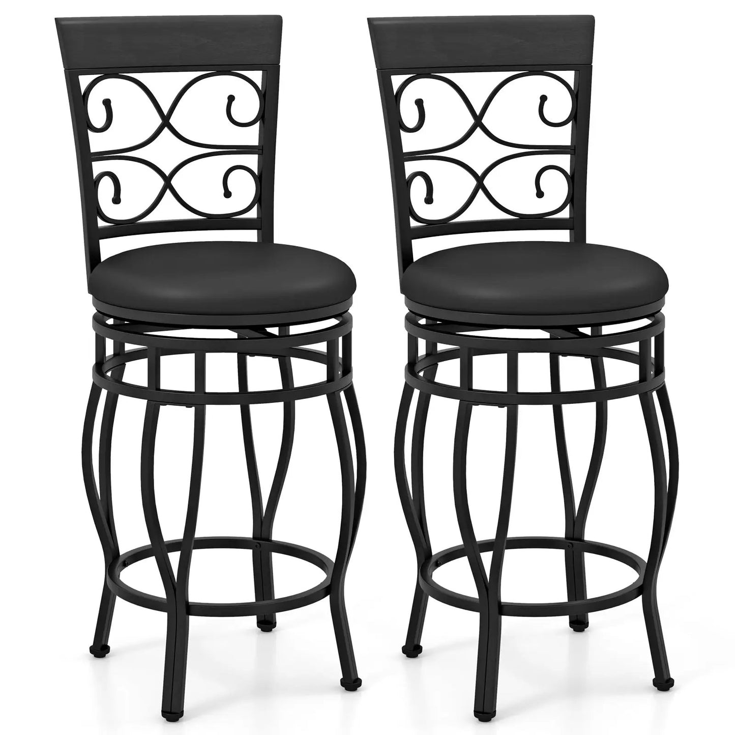 Set of 2 black 26-inch bar stools with backrests and scrollwork, circular footrests on Tampa Home & Garden Store